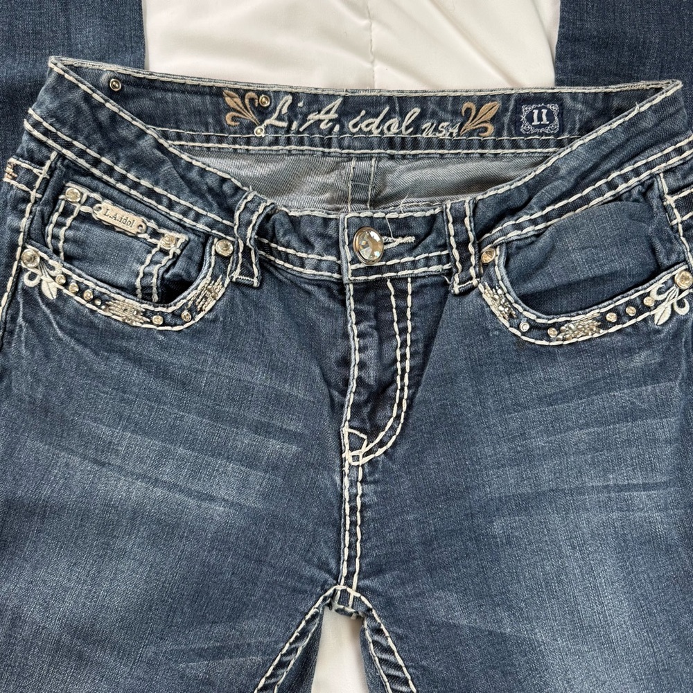 L.A. idol Women's Blueโ Jeans Y2K Low Rise Skinny Embroidered Size 11 - Picture 3 of 9